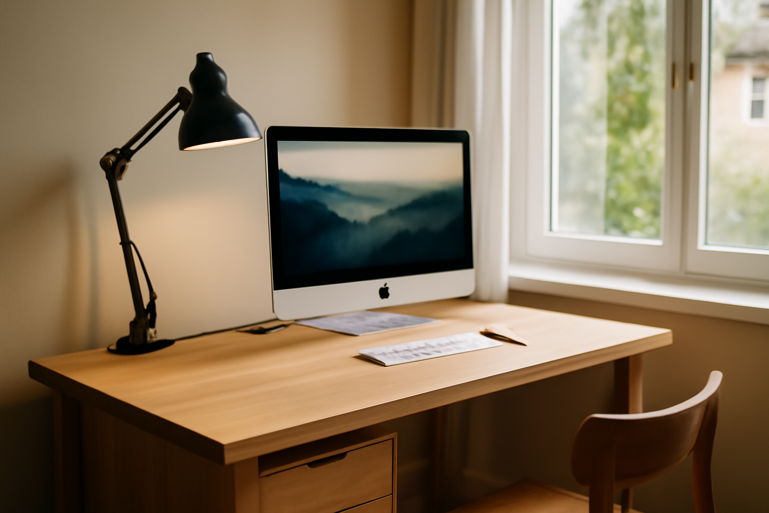 Bureau à domicile lumineux avec ordinateur, câbles organisés, rangements sous le bureau et lumière naturelle