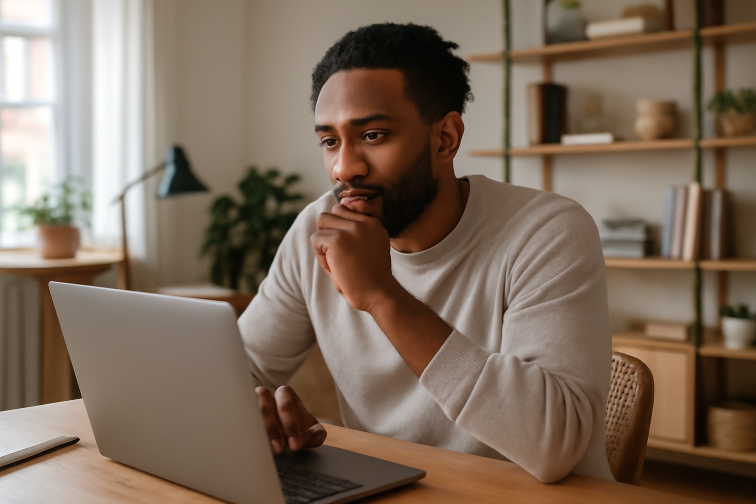 Une personne assise à une table de travail, lisant un message sur ordinateur portable près d’un bureau aménagé dans un intérieur lumineux