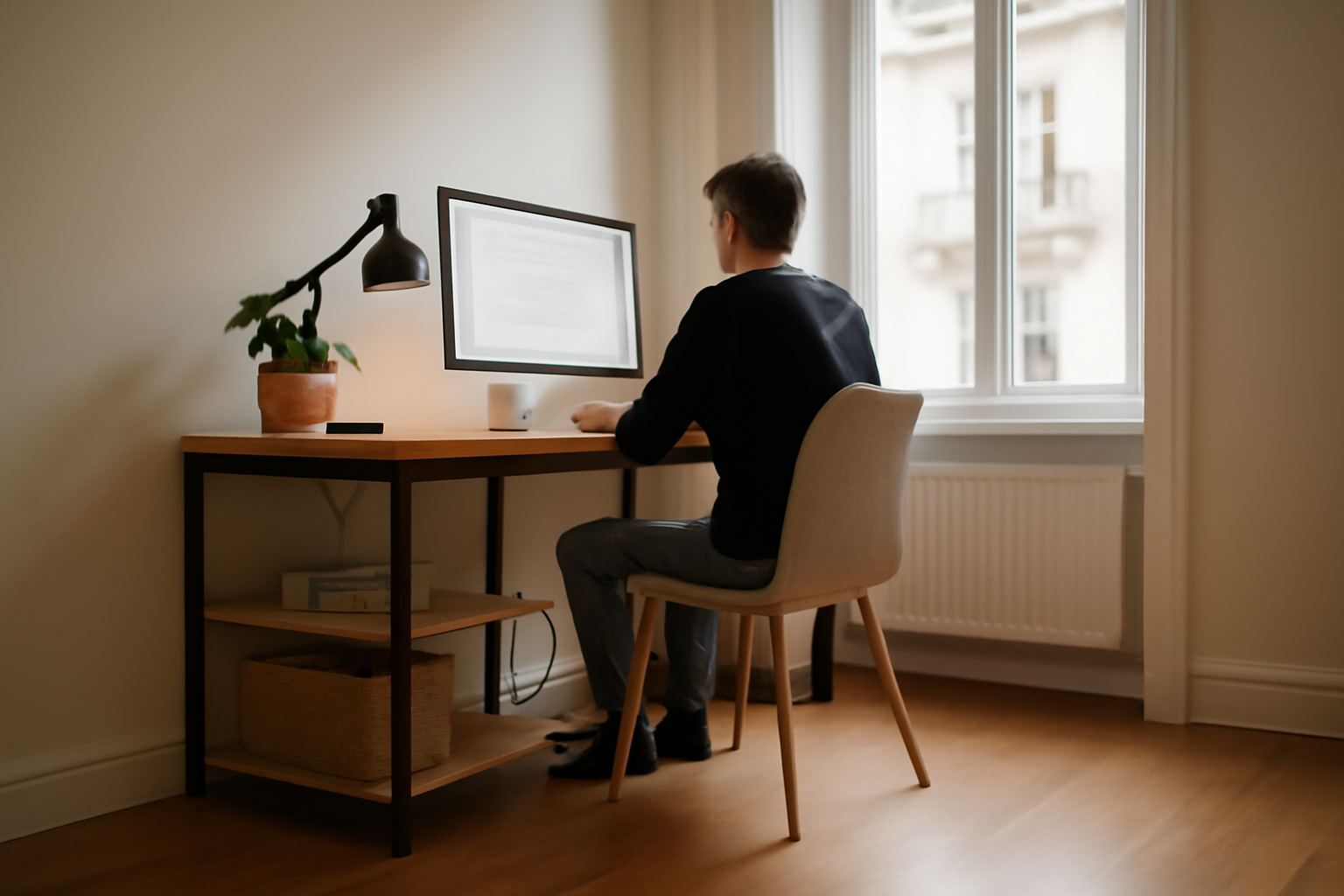 Bureau home-office lumineux avec écran, rangements et circulation fluide