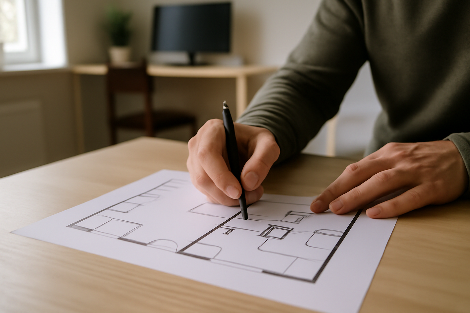 Plan d’aménagement d’un petit bureau à domicile avec zones de circulation et emplacement du rangement sous bureau