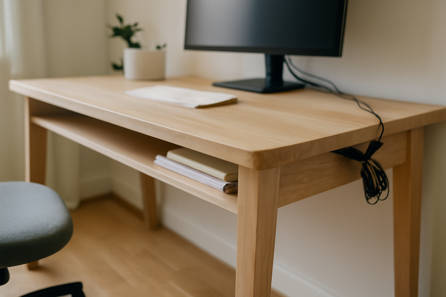 Détail d’un bureau avec rangements sous le plateau, câbles organisés et espace de circulation dégagé dans un home-office