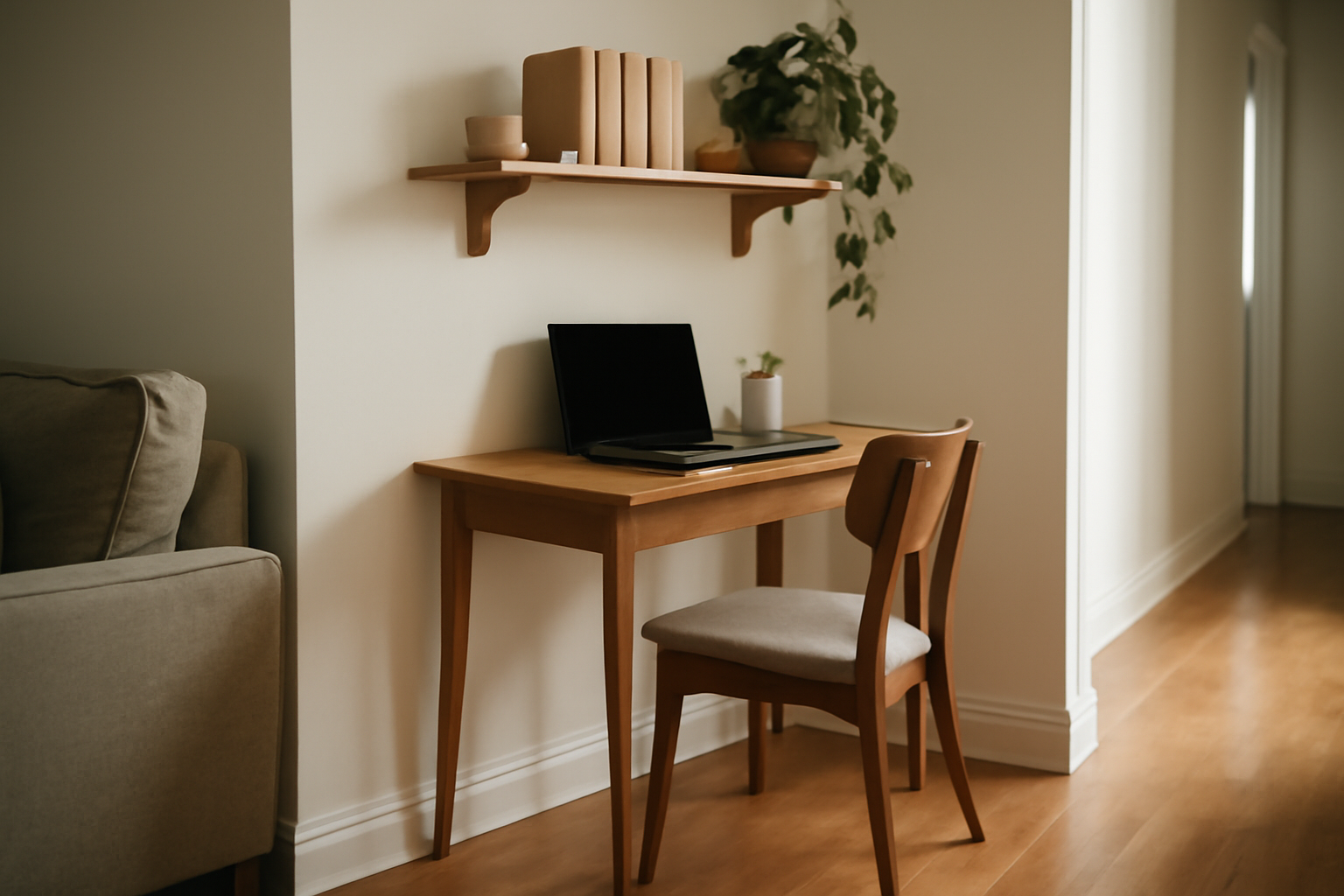 Petit espace home-office avec bureau compact et circulation