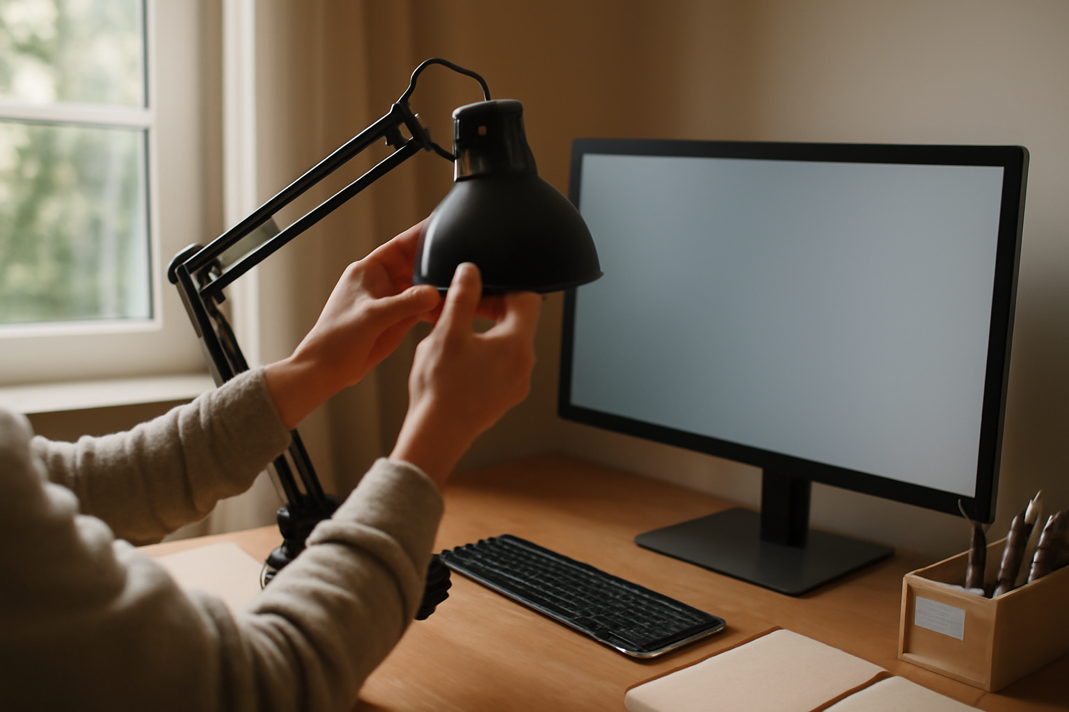 Personne ajustant une lampe de bureau et testant l’éclairage pour réduire l’éblouissement dans un home-office