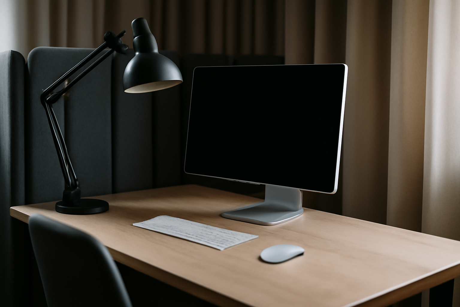 Scène d’un home-office avec éclairage de bureau réglable et coin acoustique (panneaux ou rideau) pour travailler confortablement