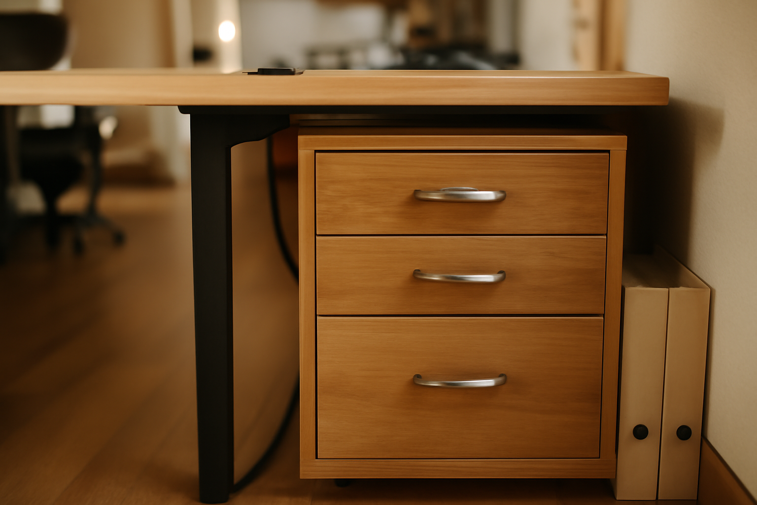 Rangements sous bureau avec tiroirs et câbles organisés