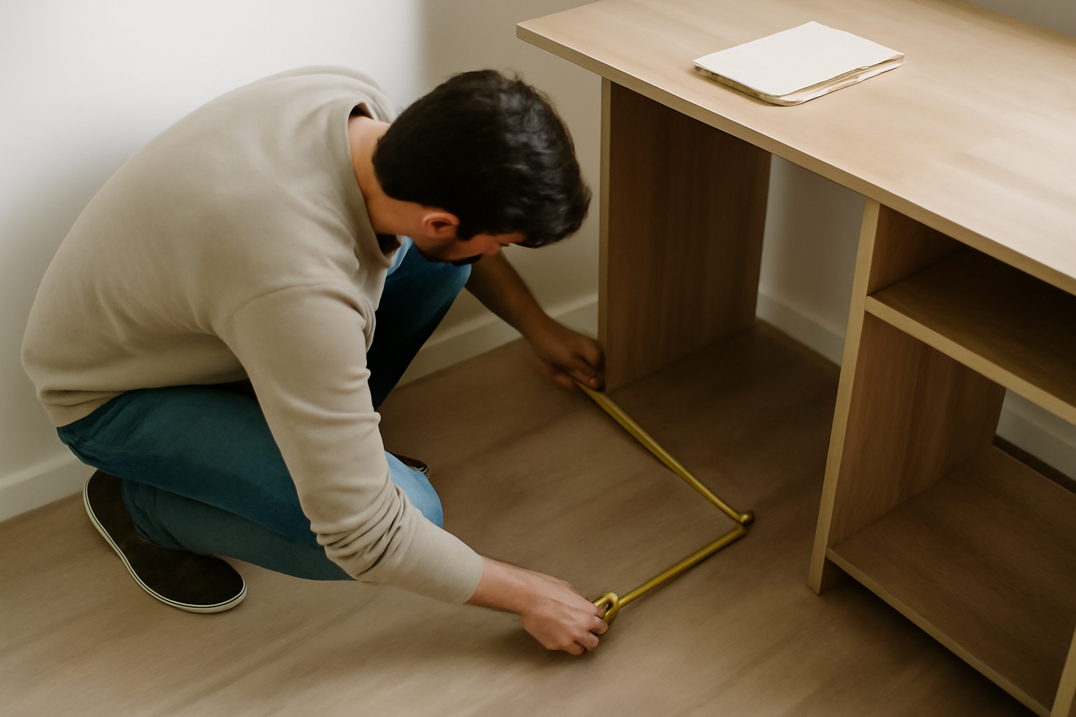 Personne en train de mesurer un espace pour un bureau à domicile