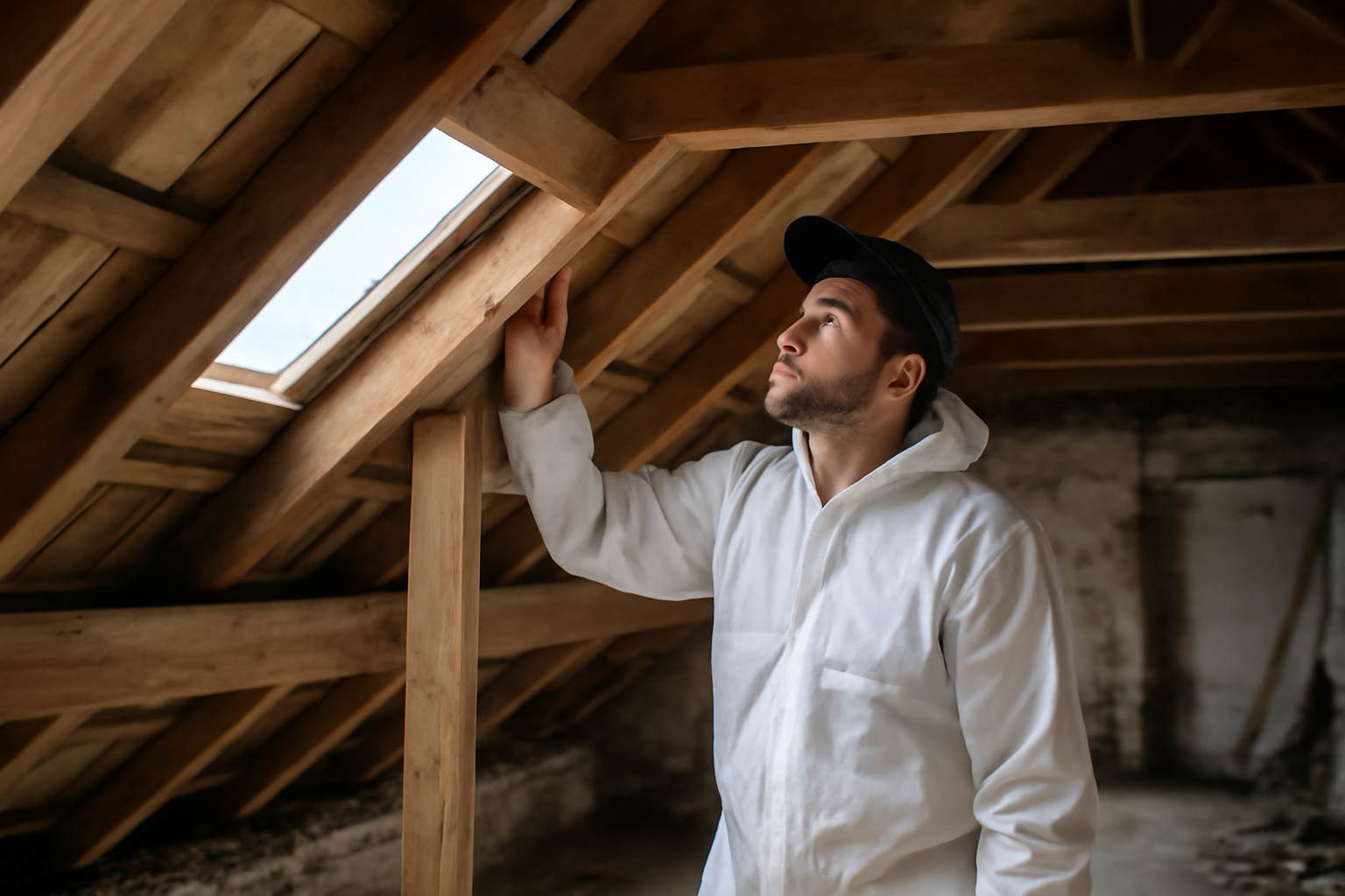 charpente du toit en bois avec chevrons et pannes, chantier réel sous toiture, lumière naturelle