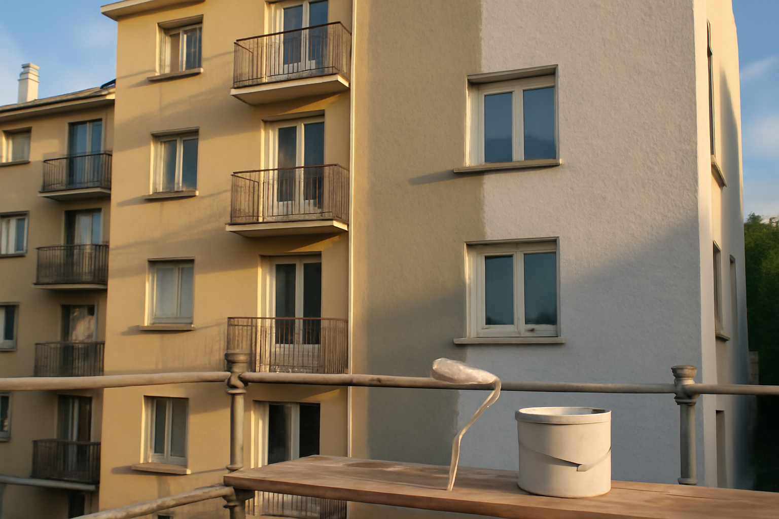 Façade d’un immeuble français avant/après avec revêtement de classe d2, lumière de fin d’après-midi