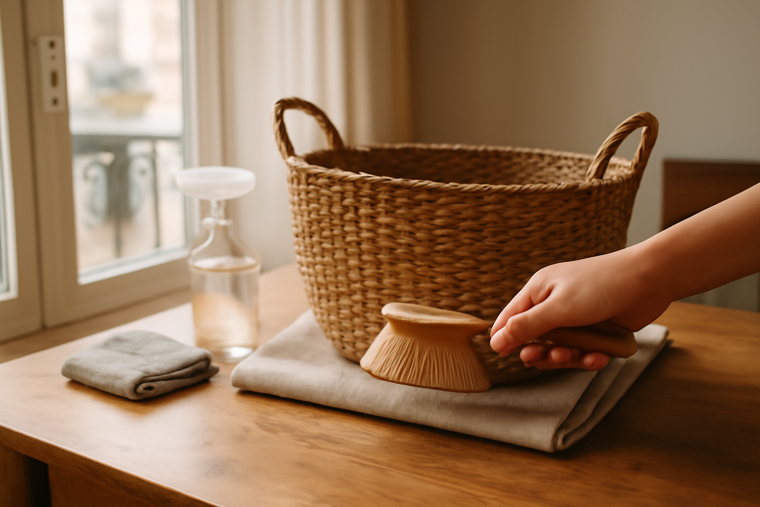 Nettoyer un panier en osier : brosse douce et chiffon microfibre sur une table près d’une fenêtre