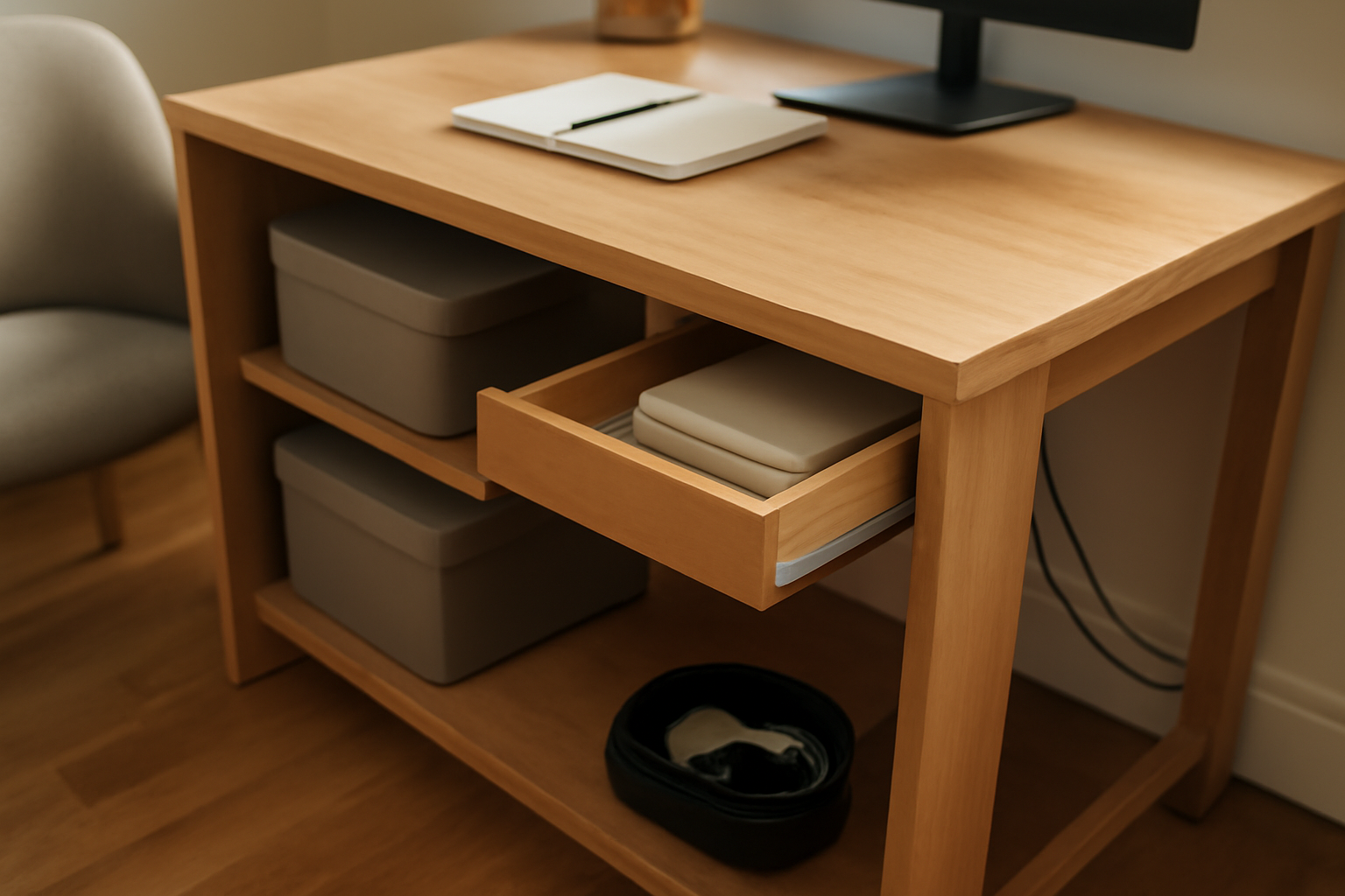 Rangement sous bureau avec boîtes et tiroirs organisés pour un poste de travail dégagé