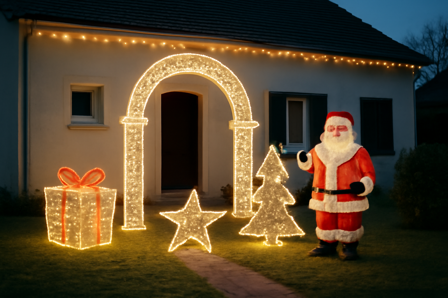 Décoration de noël extérieur xxl : arche lumineuse et statues XXL devant une maison française au crépuscule
