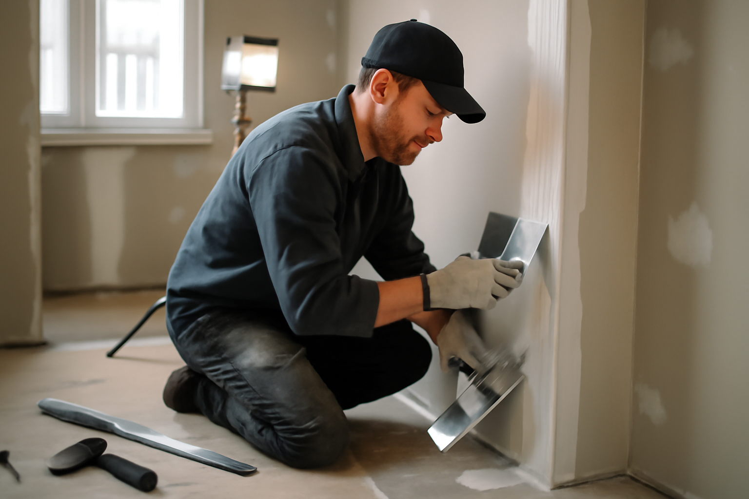 finition angle placo sans corniere sur mur en plaques de plâtre, bande et enduit en passes fines