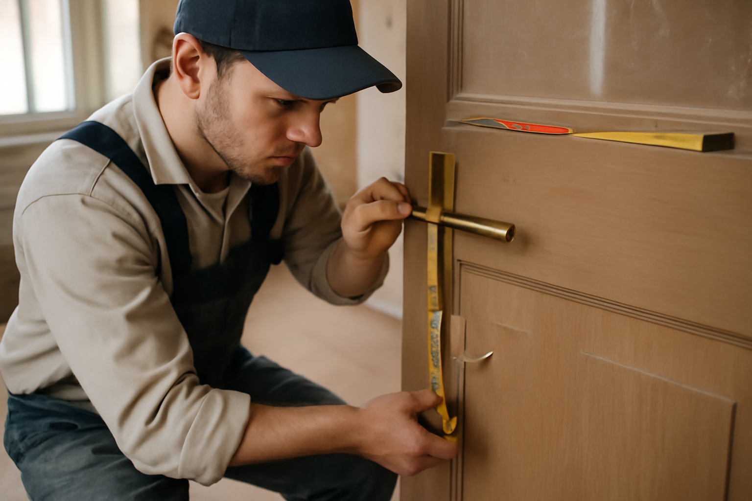 Mesure de la hauteur poignée de porte sur une porte intérieure, sol fini et point de préhension marqués