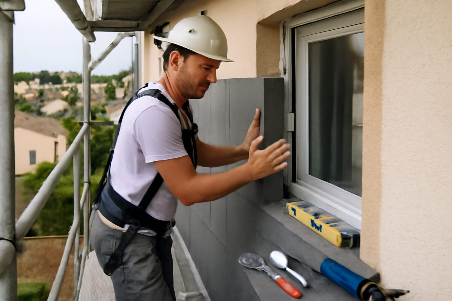 façadier itéiste posant des panneaux d’isolation thermique par l’extérieur sur une façade avec échafaudage