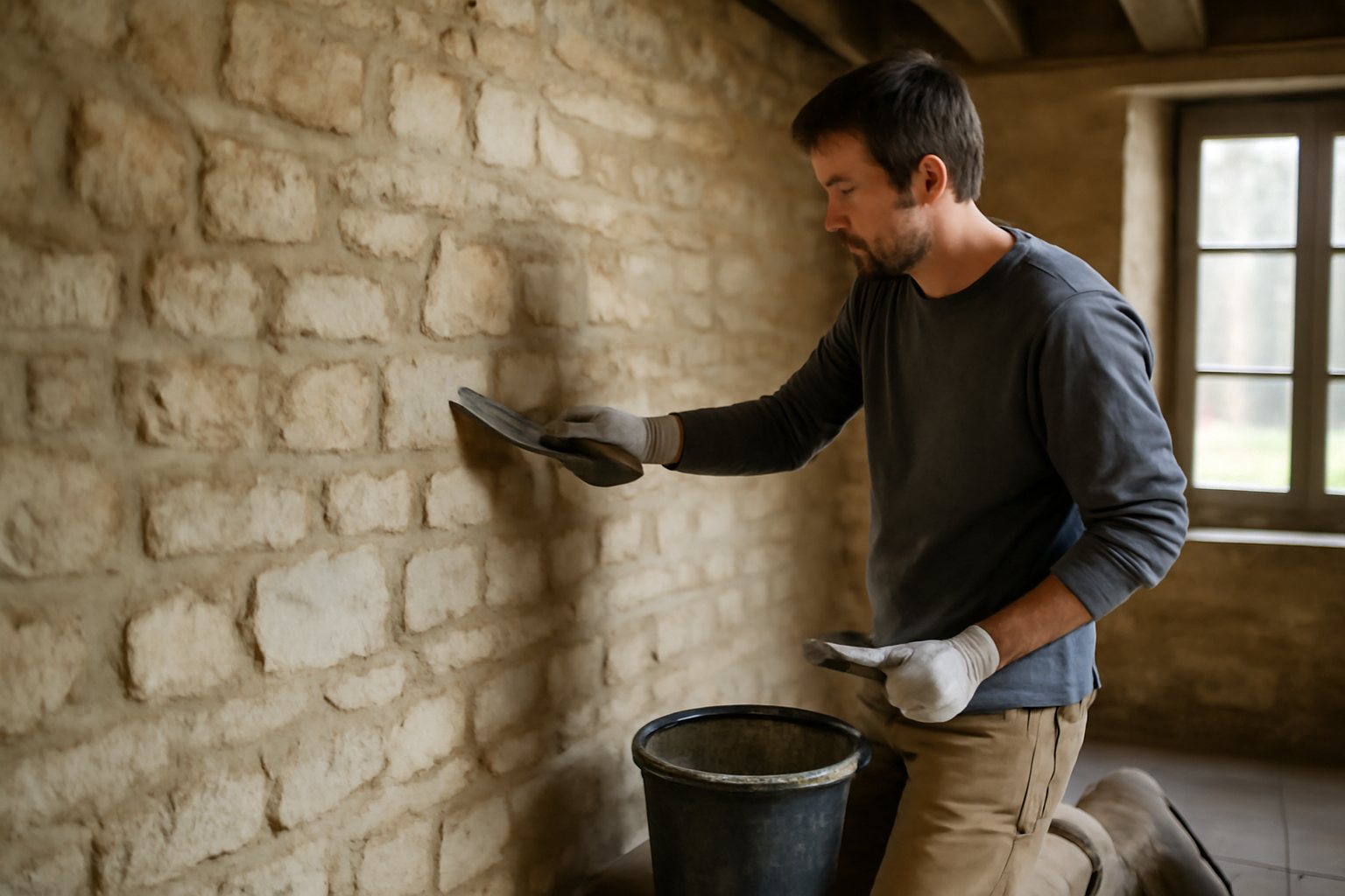 Mur chaux intérieur prêt à être enduit, texture minérale à la truelle, lumière naturelle près d'une fenêtre