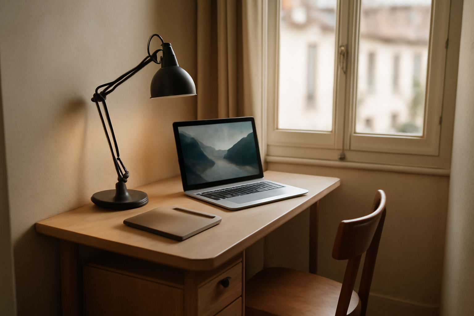 Vue photoréaliste d’un home-office compact avec bureau peu profond, rangements sous bureau et éclairage de bureau
