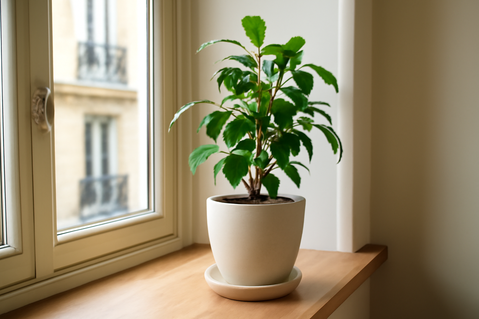 pot de fleur intérieur en céramique avec soucoupe, plante verte sur un rebord de fenêtre