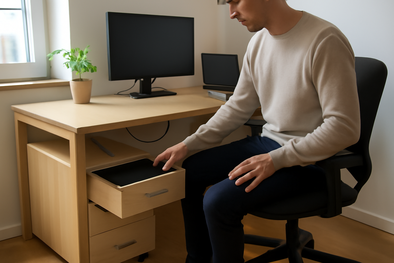 Rangements prêts à installer sous un bureau avec tiroirs et caisson roulant dans un home-office lumineux