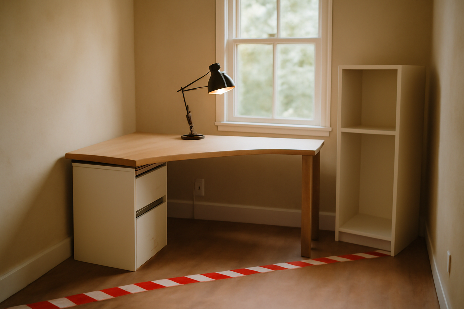 Rénovation légère dans une maison : un coin home-office avec bureau, ruban de chantier au sol, luminaires et rangements en cours d’installation