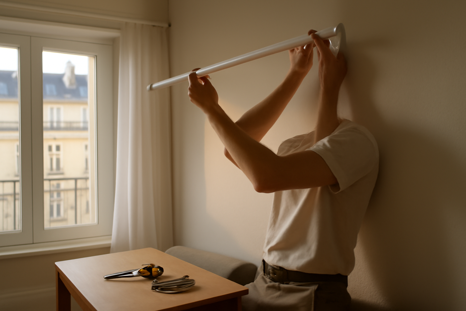support tringle rideau sans percer installé sur plafond et mur, rideau prêt à être suspendu, lumière naturelle, scène réaliste
