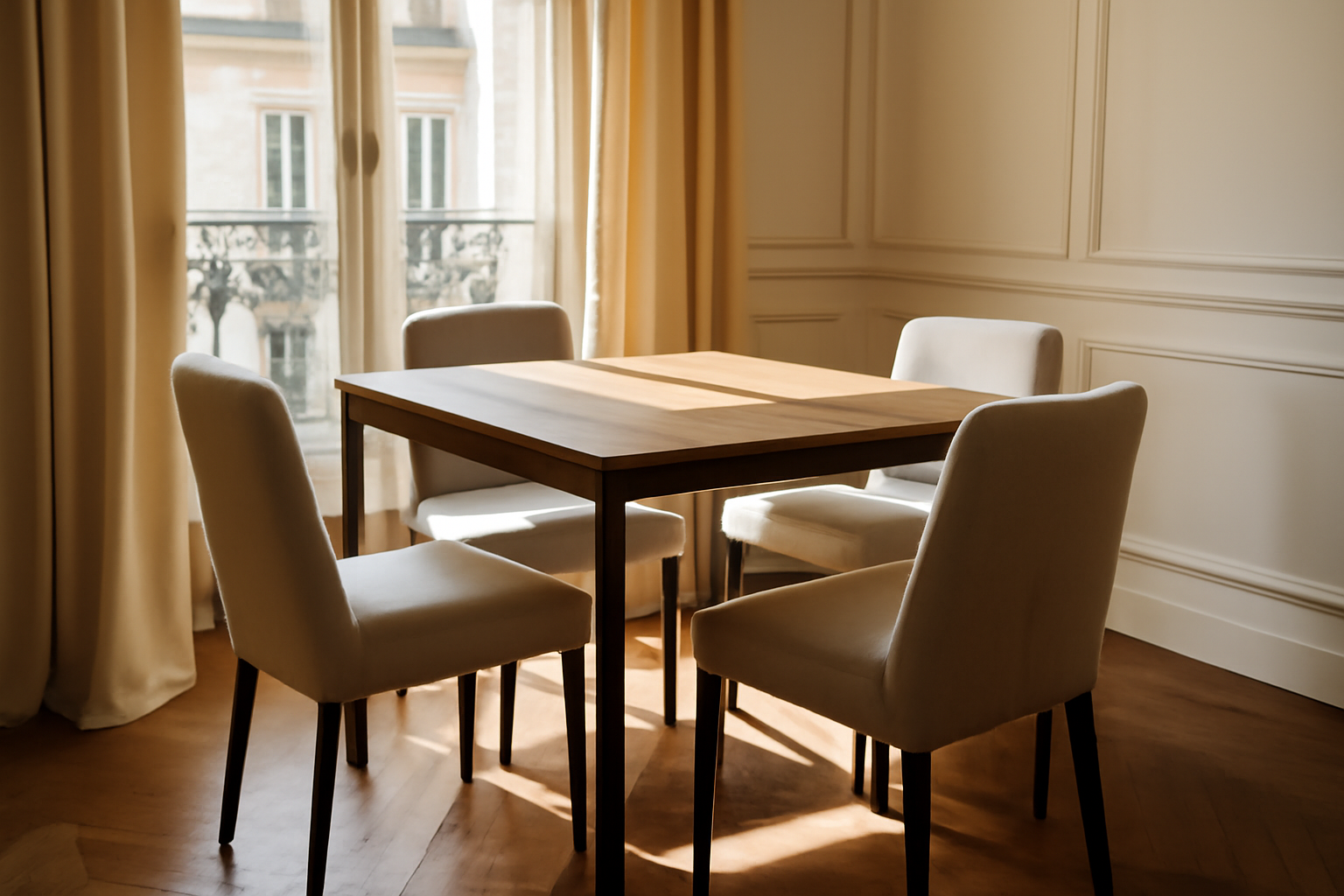 Table en metal et bois dans une salle à manger lumineuse, plateau en bois et piètement métallique
