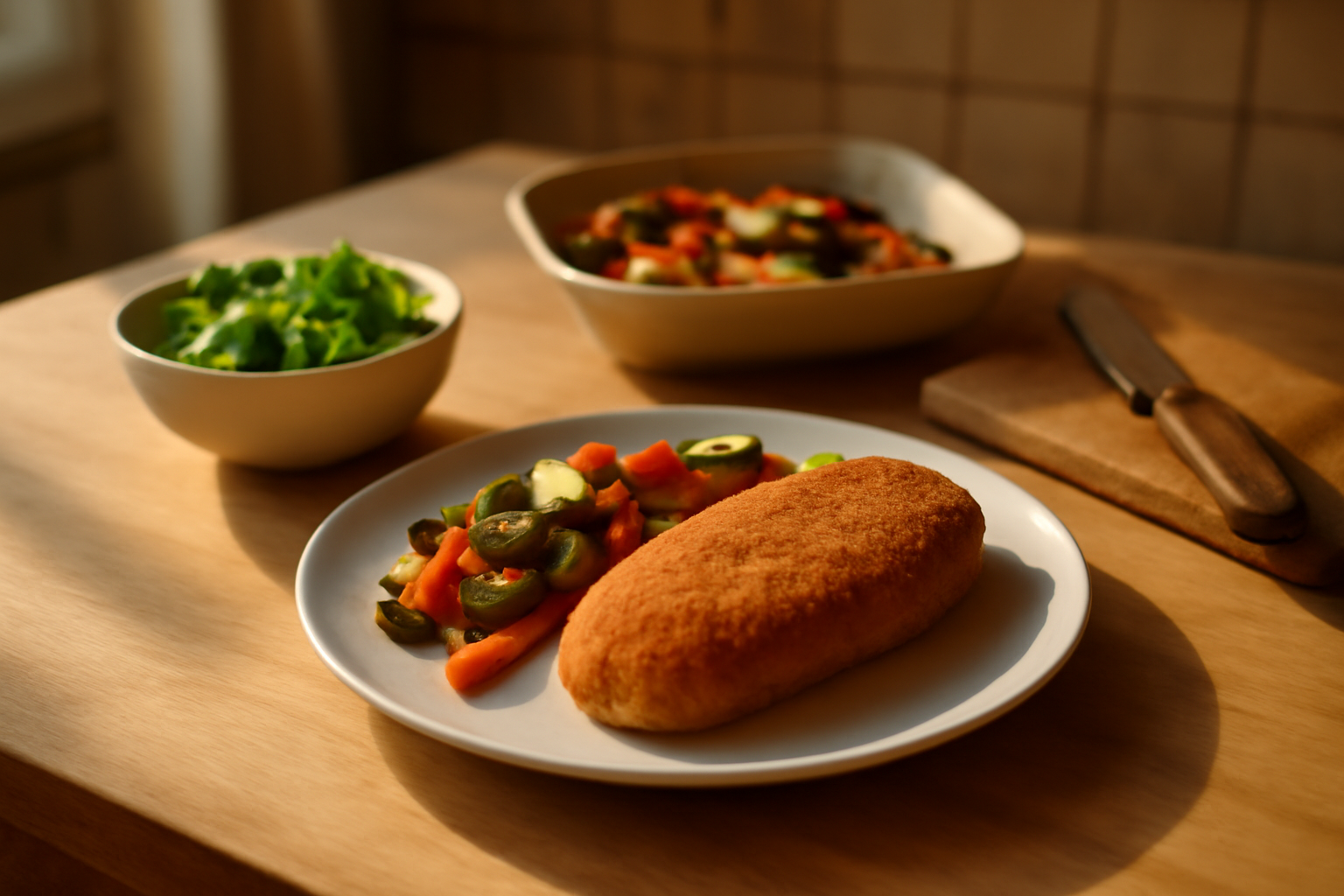 accompagnement pour cordon bleu : légumes rôtis et salade citronnée sur table de cuisine en lumière naturelle