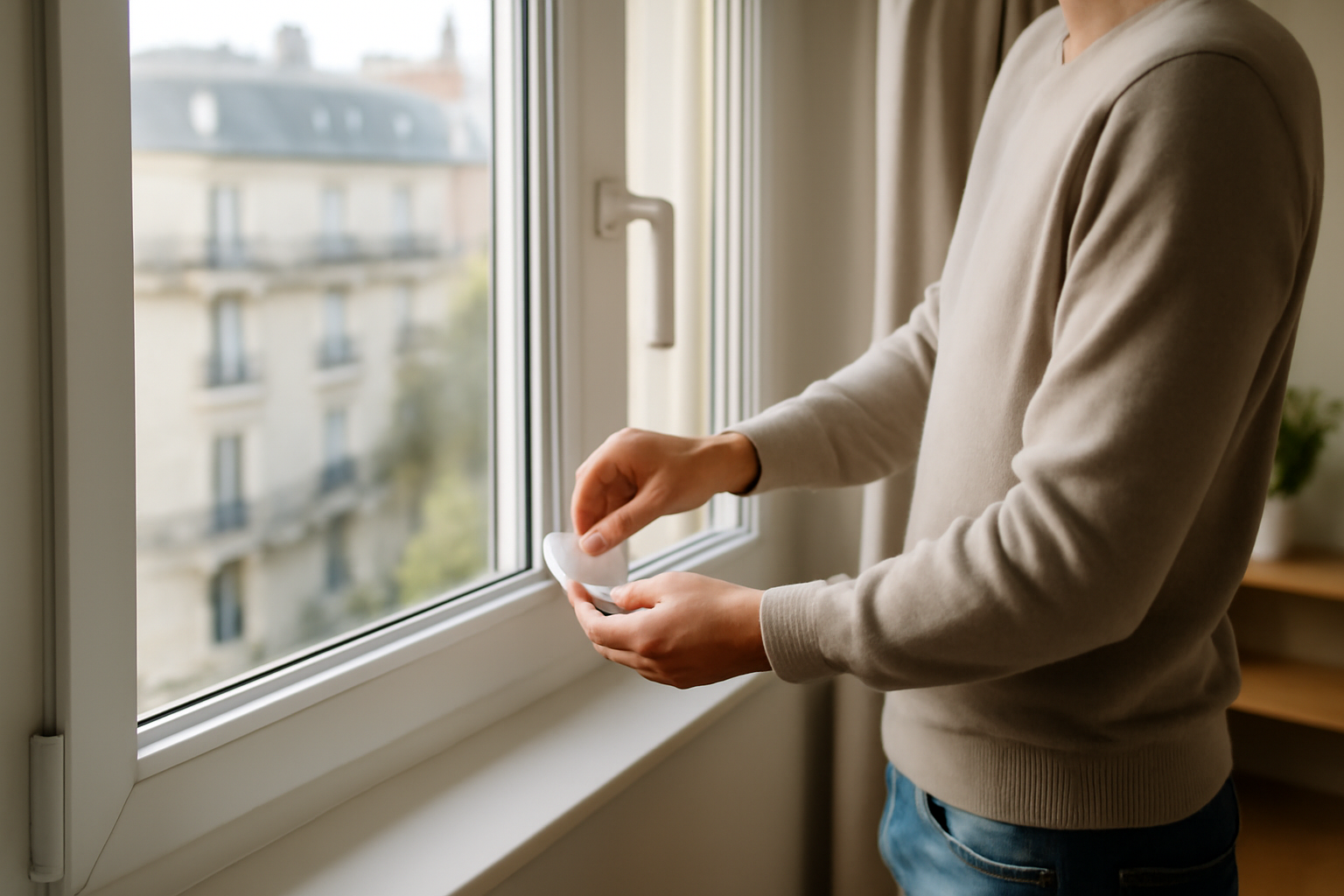 aération fenêtre sans percer : entrebâilleur de fenêtre installé sur un battant en appartement, lumière du matin