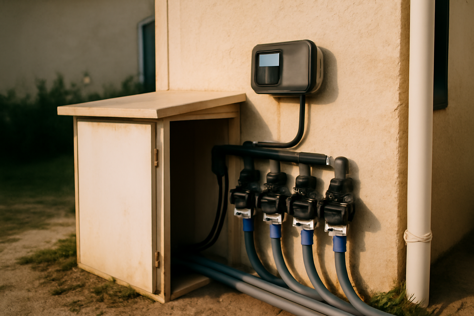 arrosage automatique connecté sans fil avec programmateur Wi‑Fi et électrovannes dans un local technique