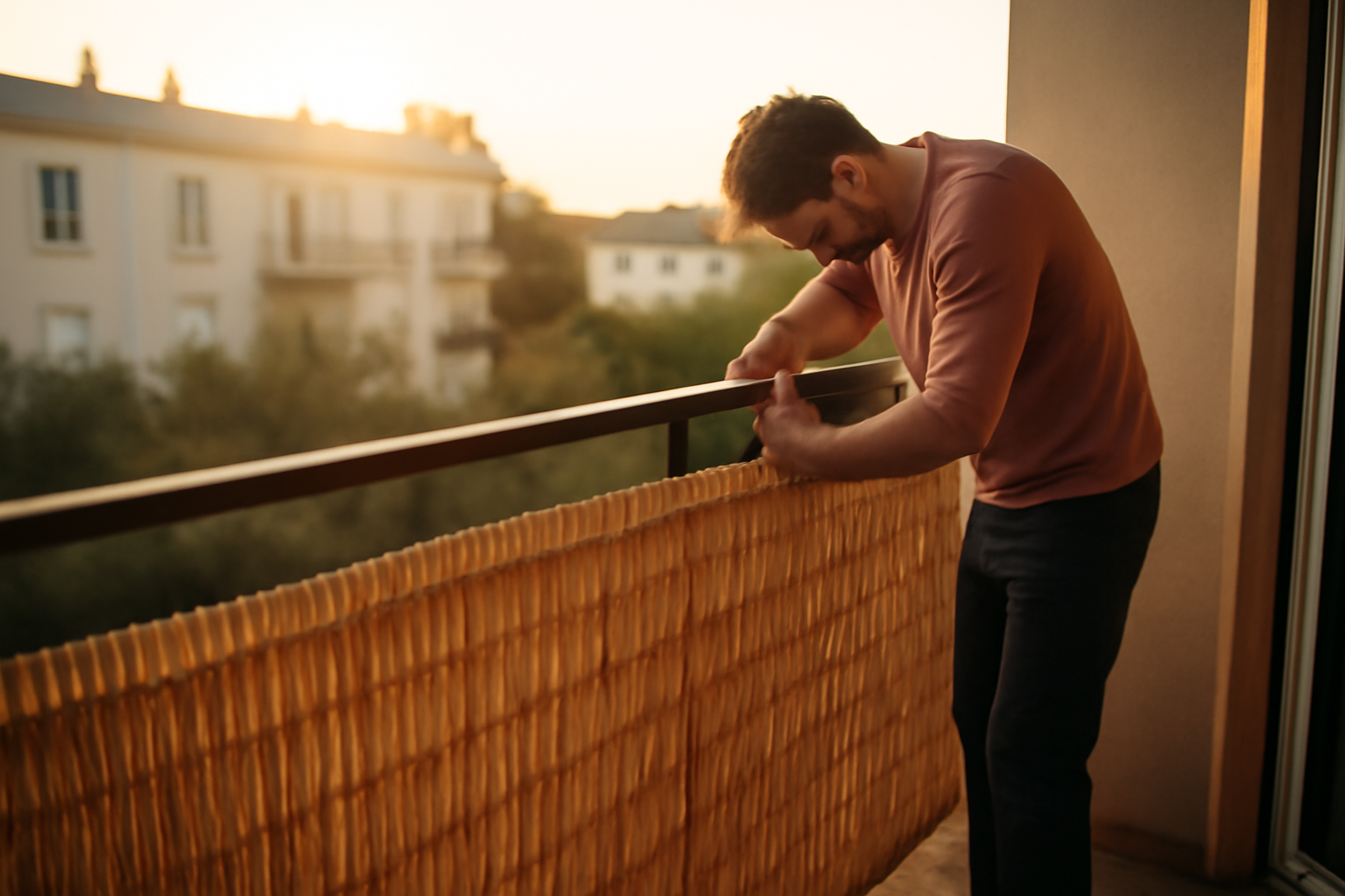 Brise vue bambou sur balcon avec lumière du matin, vue de profil montrant la densité du tressage