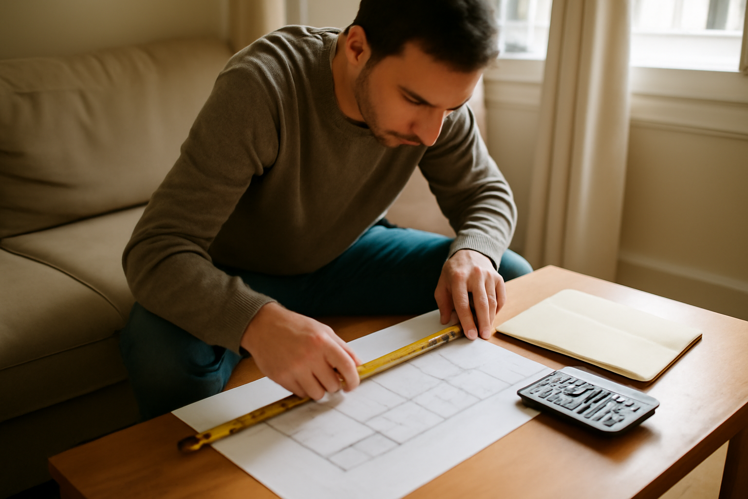 calcul m2 avec mètre ruban et carnet dans un salon