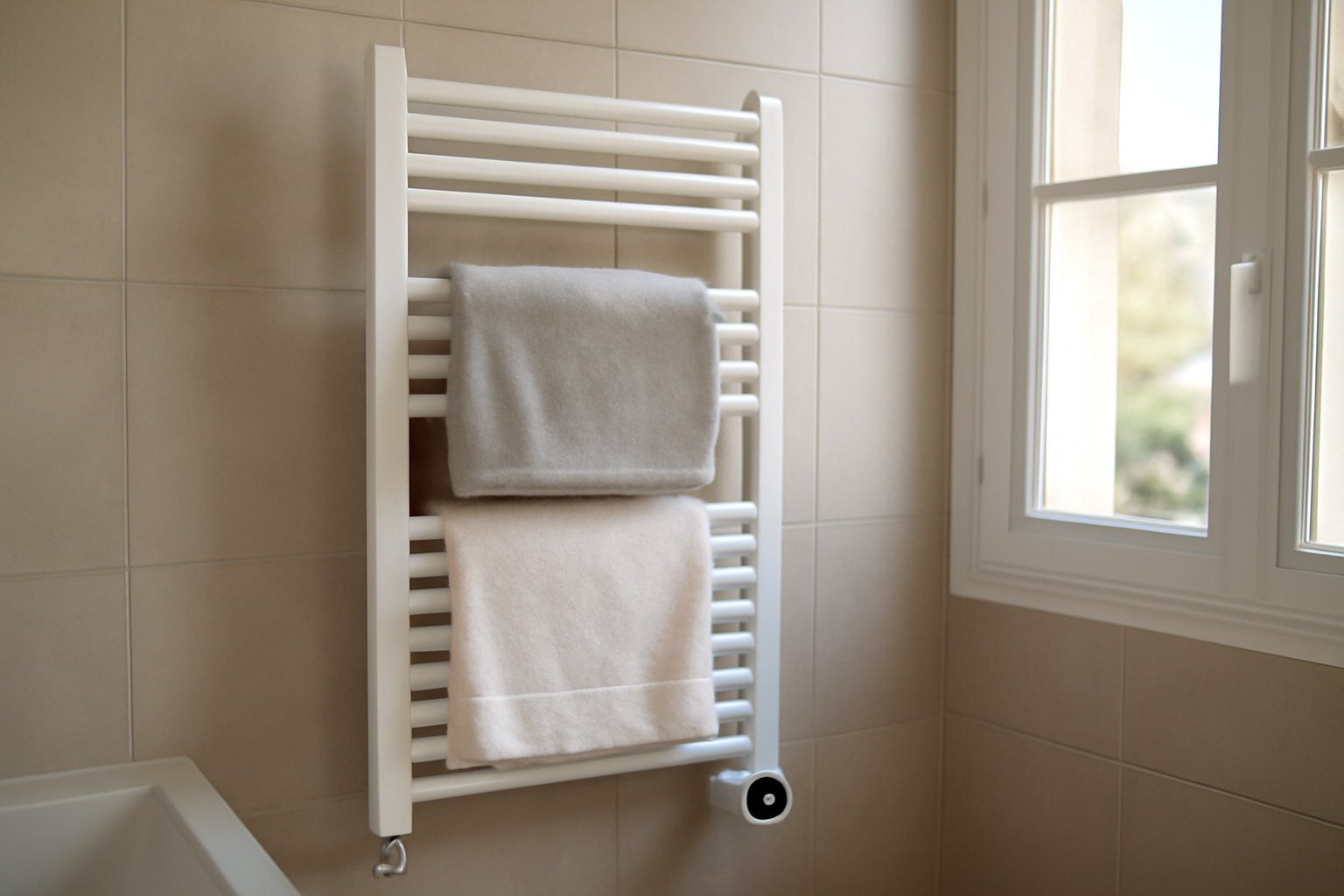 Chauffage salle de bain : radiateur sèche-serviettes mural avec thermostat, installé près d’une zone humide, lumière naturelle d’après-midi