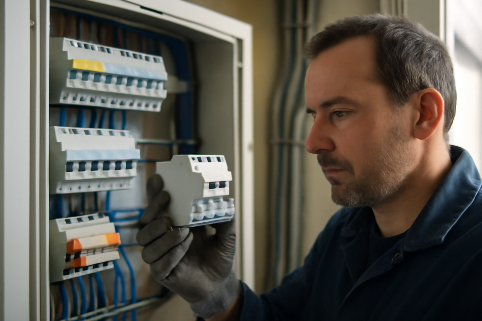 Contacteur électrique dans un tableau de commande domestique, bobine et bornes visibles