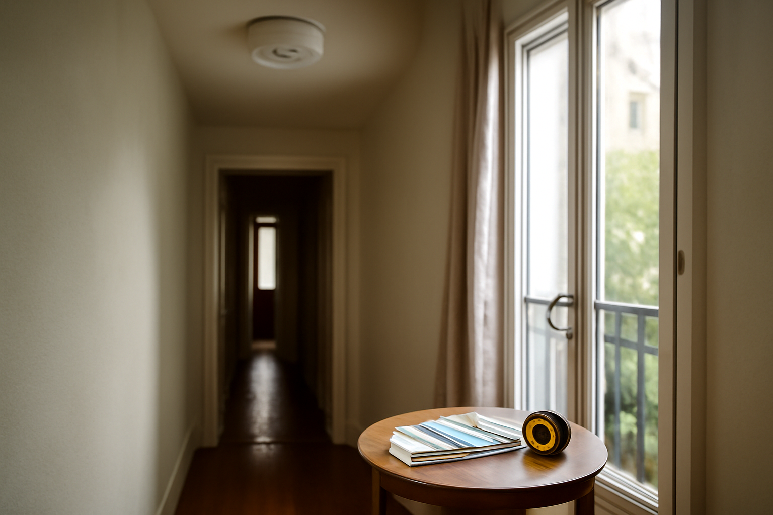 Détecteur de fumée connecté obligatoire : DAAF conforme fixé au plafond dans un couloir d’appartement, lumière du jour, photo réaliste