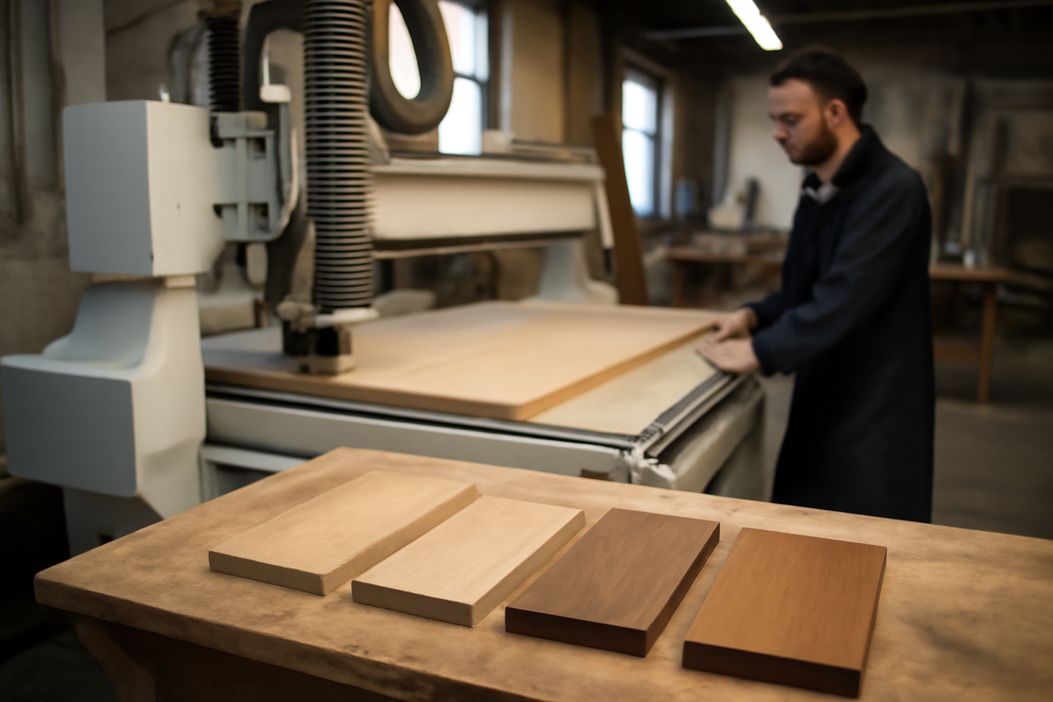 Exploration et innovations des techniques de placage bois : atelier CNC découpant des parements en placage