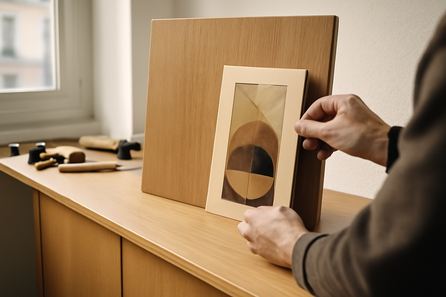 Parement en placage bois avec finition vernie et motifs alignés pour un rendu durable