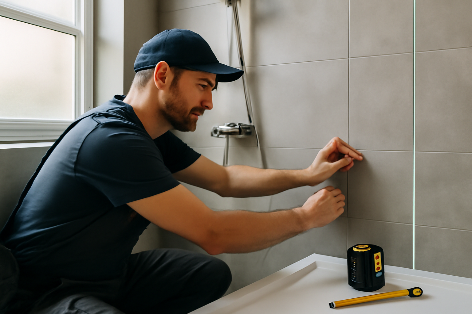 Hauteur mitigeur douche : mesures au niveau du sol fini dans une salle de bain, repères en cm pour la commande et le pommeau