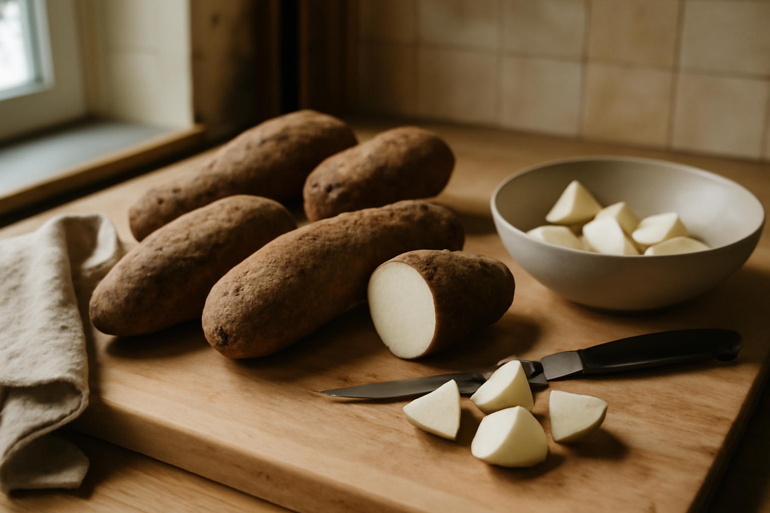 igname fraîche, tubercules de Dioscorea fermes sur un plan de cuisine, lumière naturelle