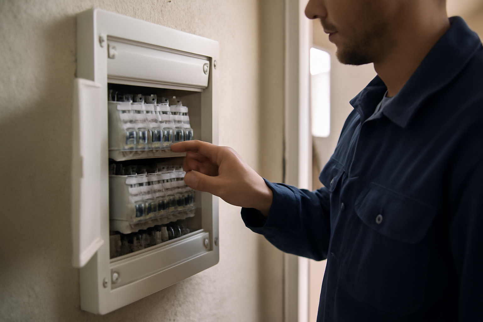 interrupteur différentiel 30 mA dans un tableau électrique domestique, repérage des bornes et bouton test
