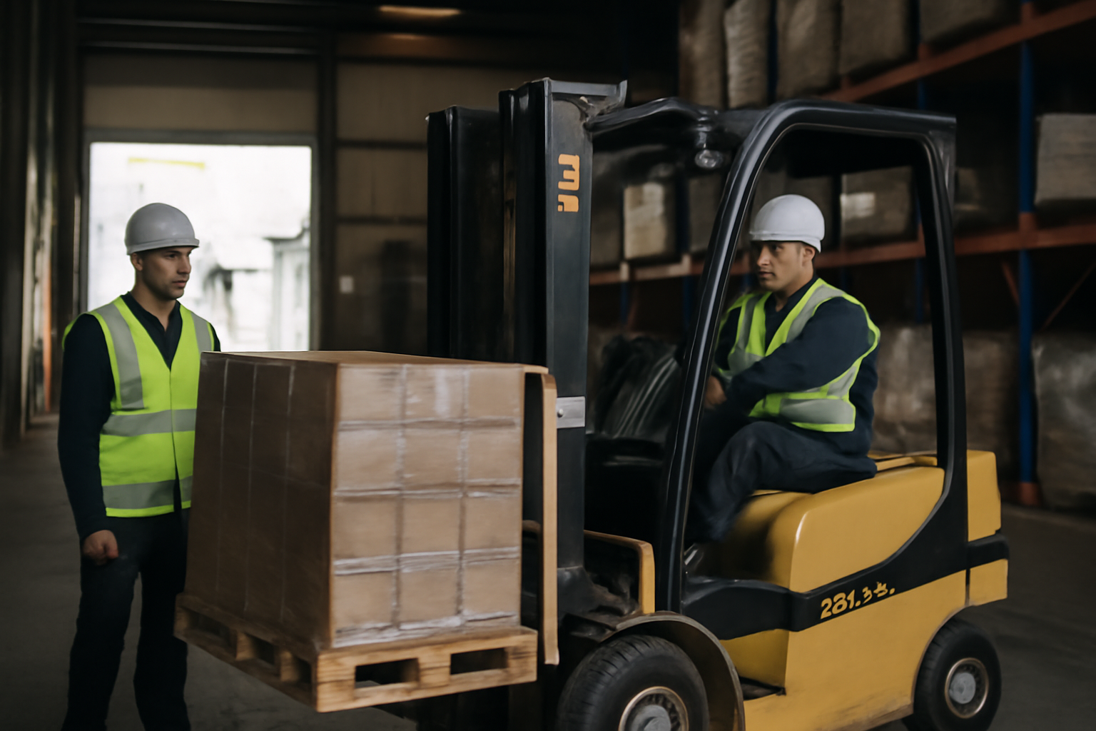 location yale : chariot élévateur Yale sur site logistique, technicien et opérateur en tenue de travail