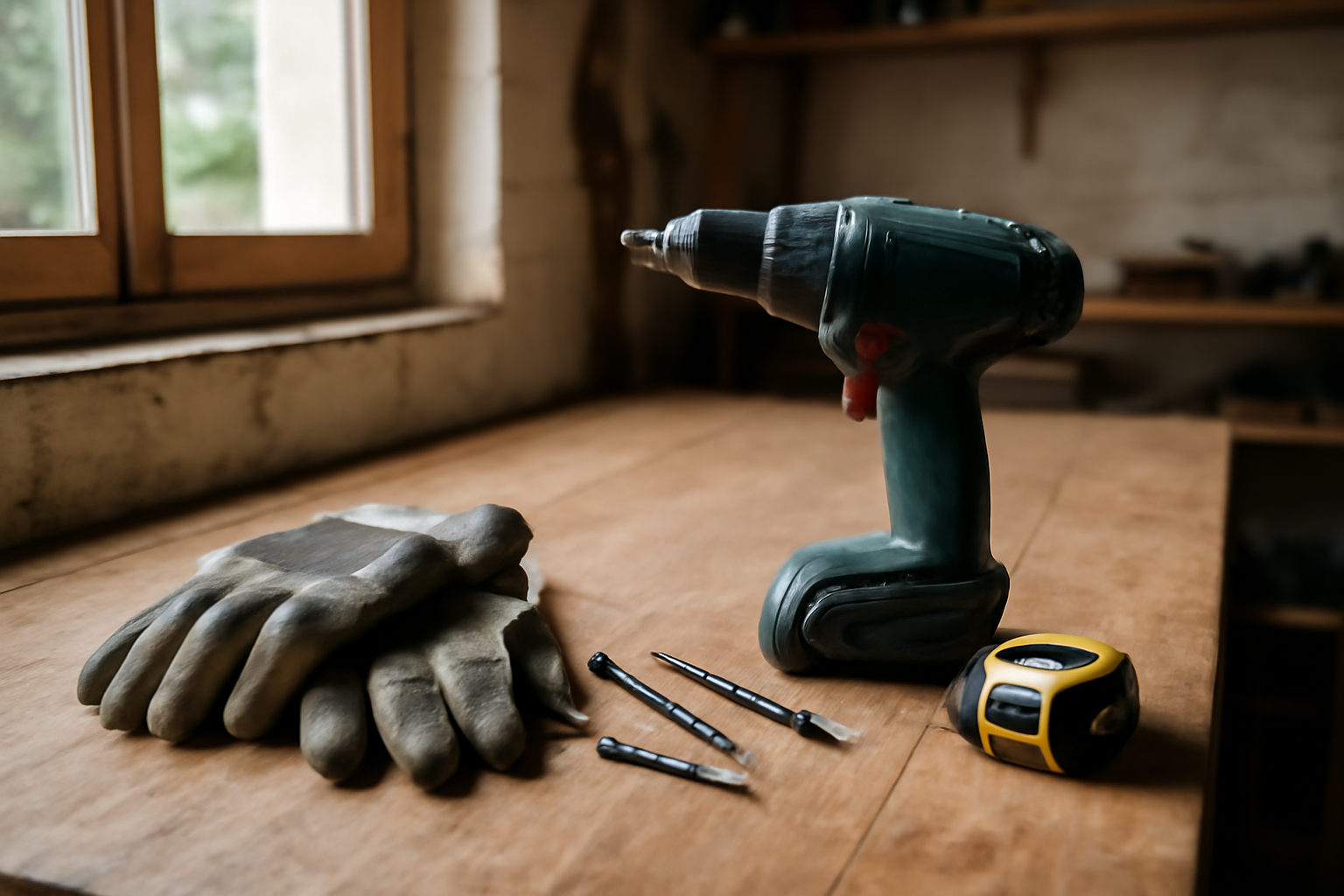 Outils de bricolage de la marque Erbauer sur établi, lumière de travail naturelle