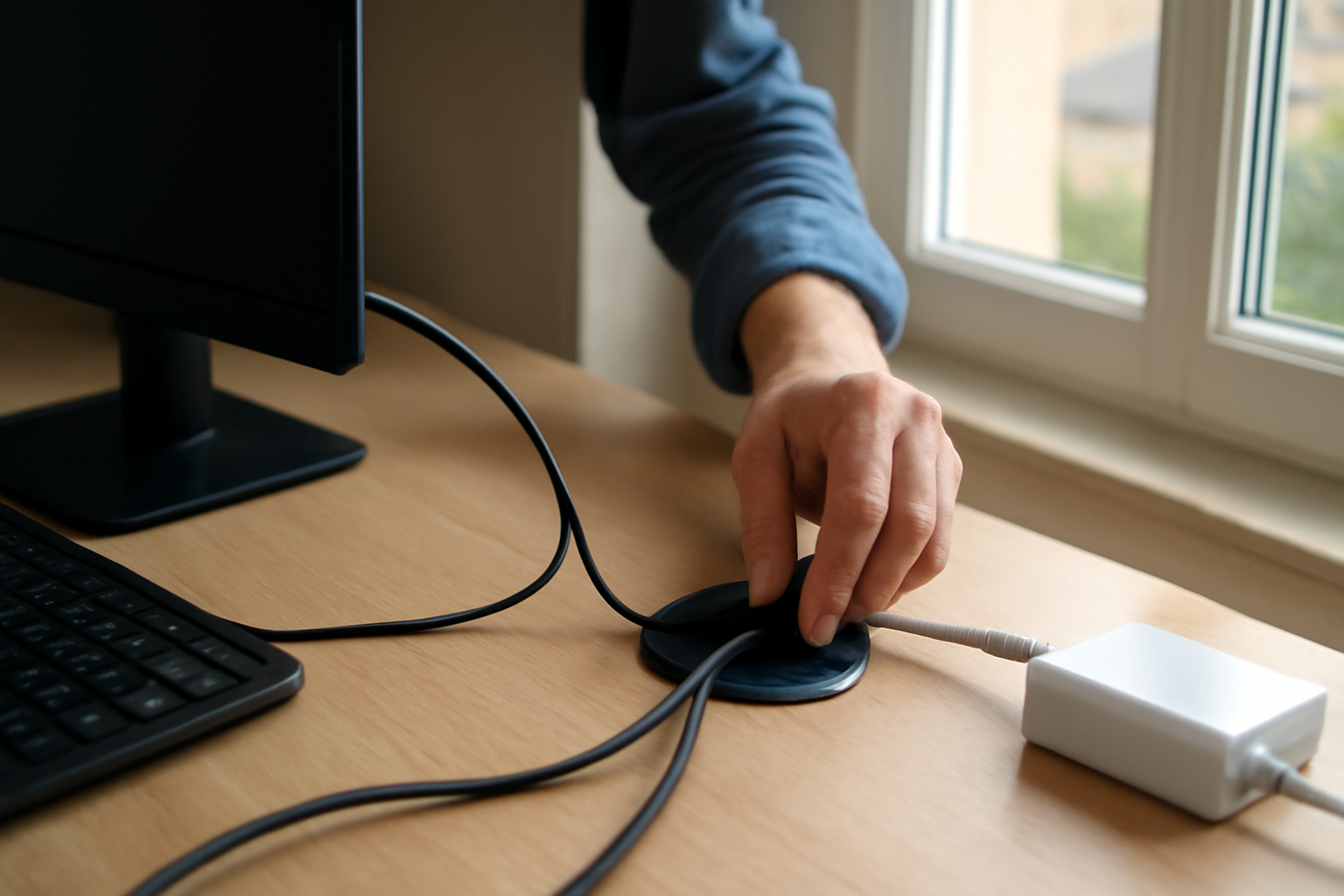 passe cable bureau encastré sur plateau de travail avec câbles PC et chargeur, lumière naturelle dans un home-office