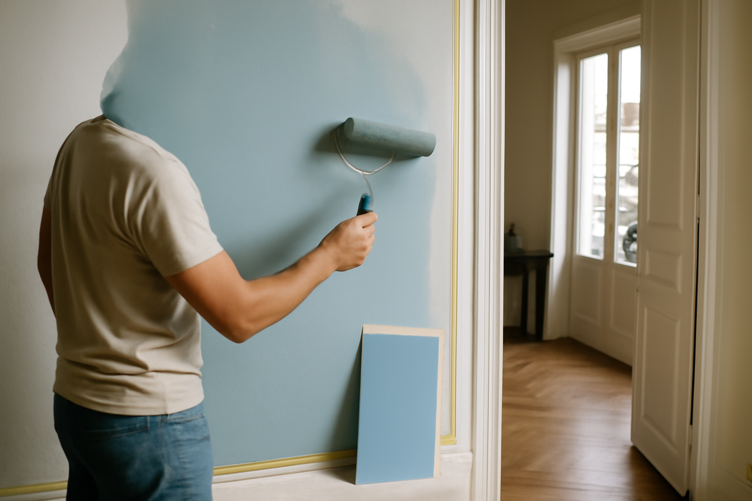 Peinture ral 5024 bleu pastel appliquée au rouleau sur un mur intérieur, lumière naturelle du matin