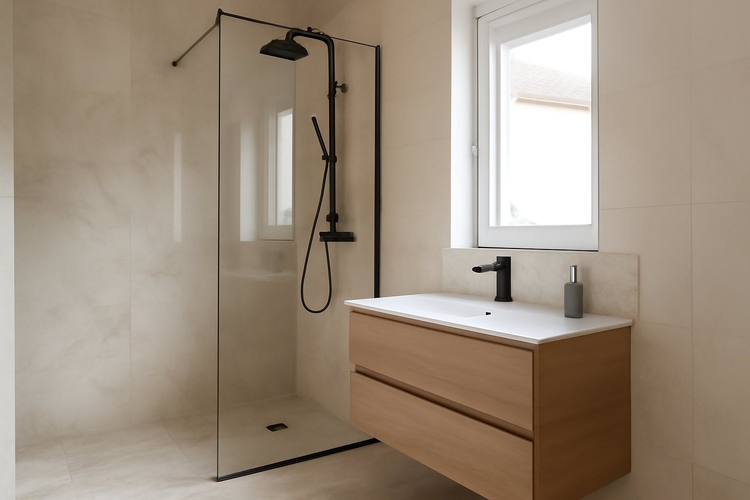 Salle de bain marbre contemporaine avec douche à l’italienne et lumière naturelle