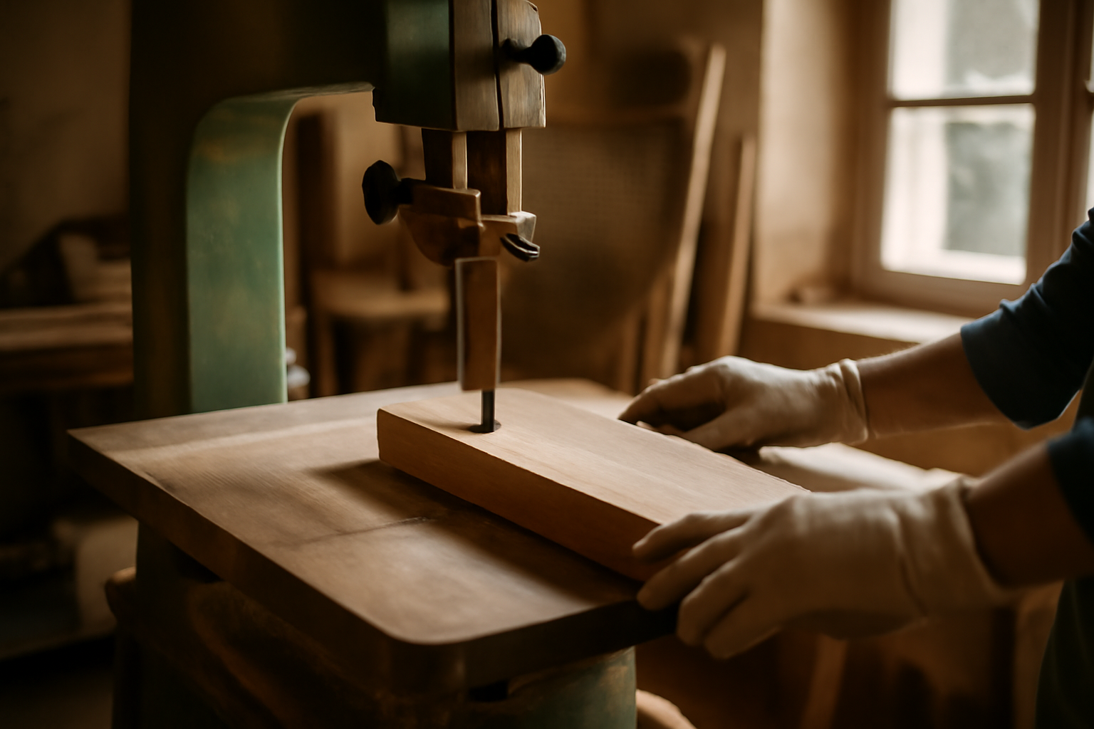 Scie à ruban bois en atelier, lame en mouvement et guide de coupe, lumière naturelle
