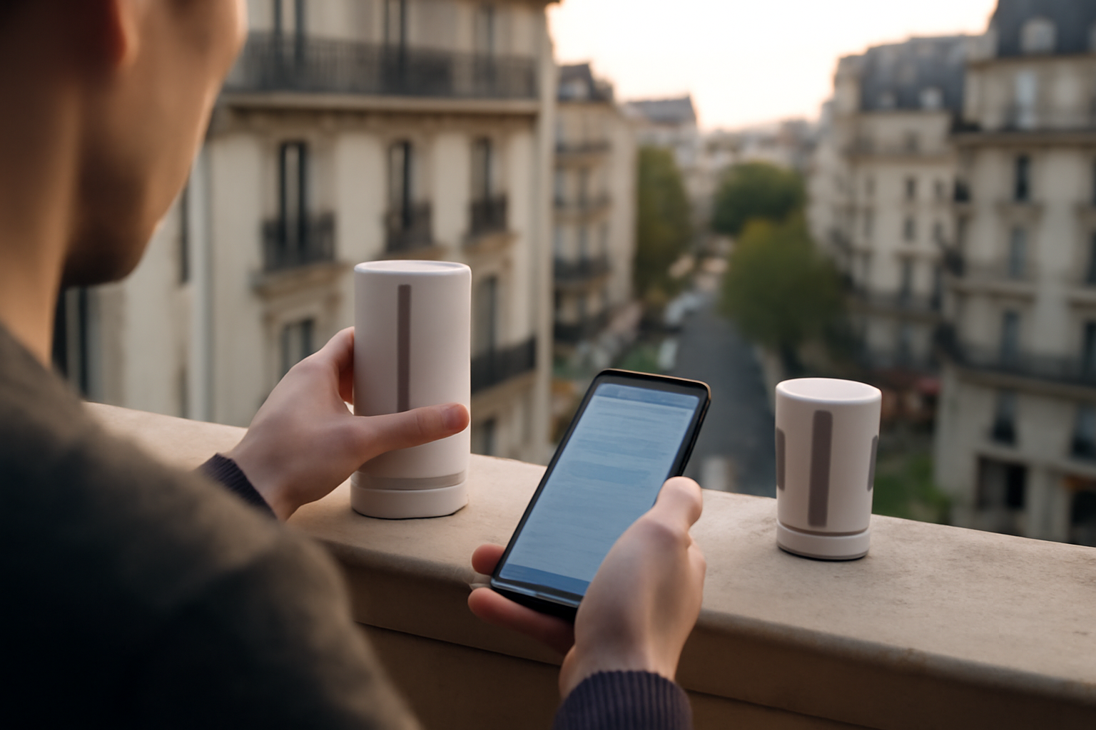 station météo Netatmo vs davy posée sur balcon avec capteurs et application smartphone