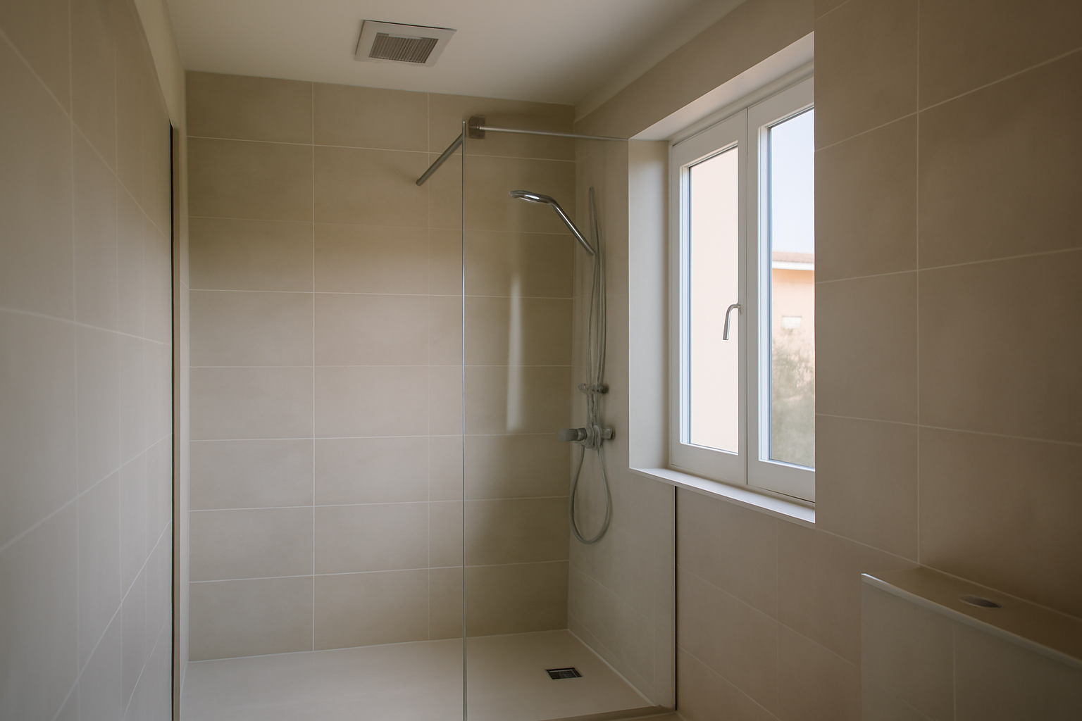 Ventilation dans une salle de bain : extraction d’air au plafond près de la douche, lumière naturelle douce
