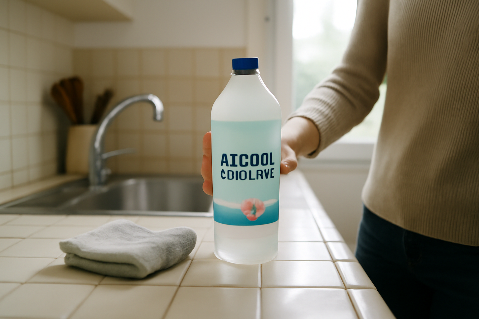 Alcool ménager sur table de travail, chiffon microfibre et étiquette de concentration, cuisine lumineuse