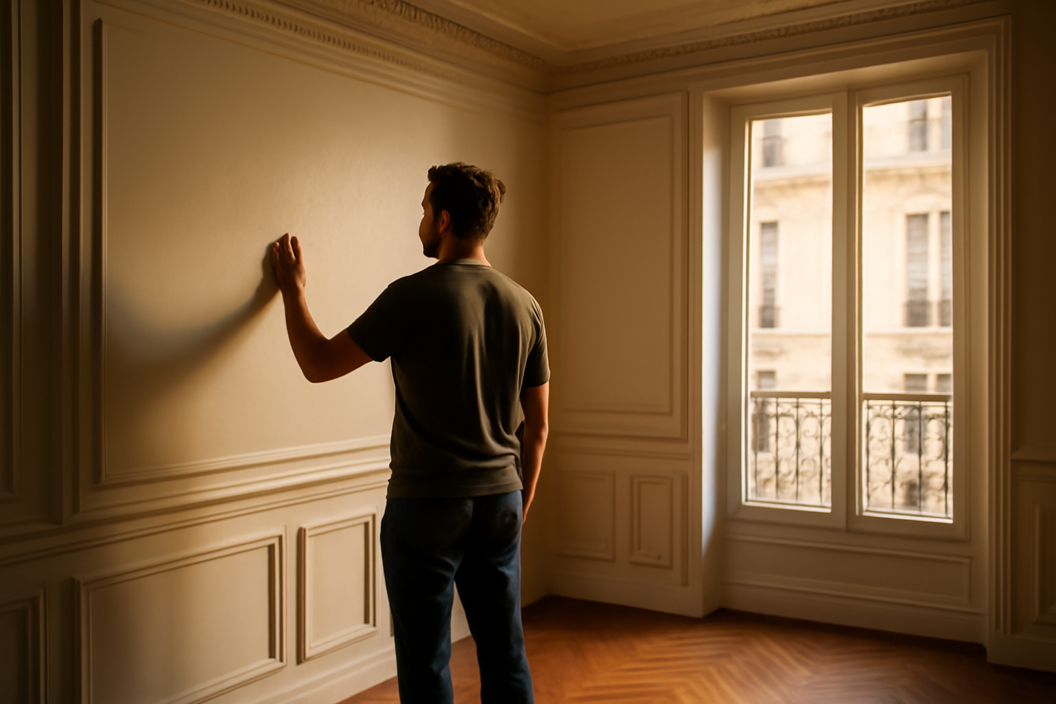 Appartement haussmannien : moulures, hauteur sous plafond et lumière naturelle dans un salon