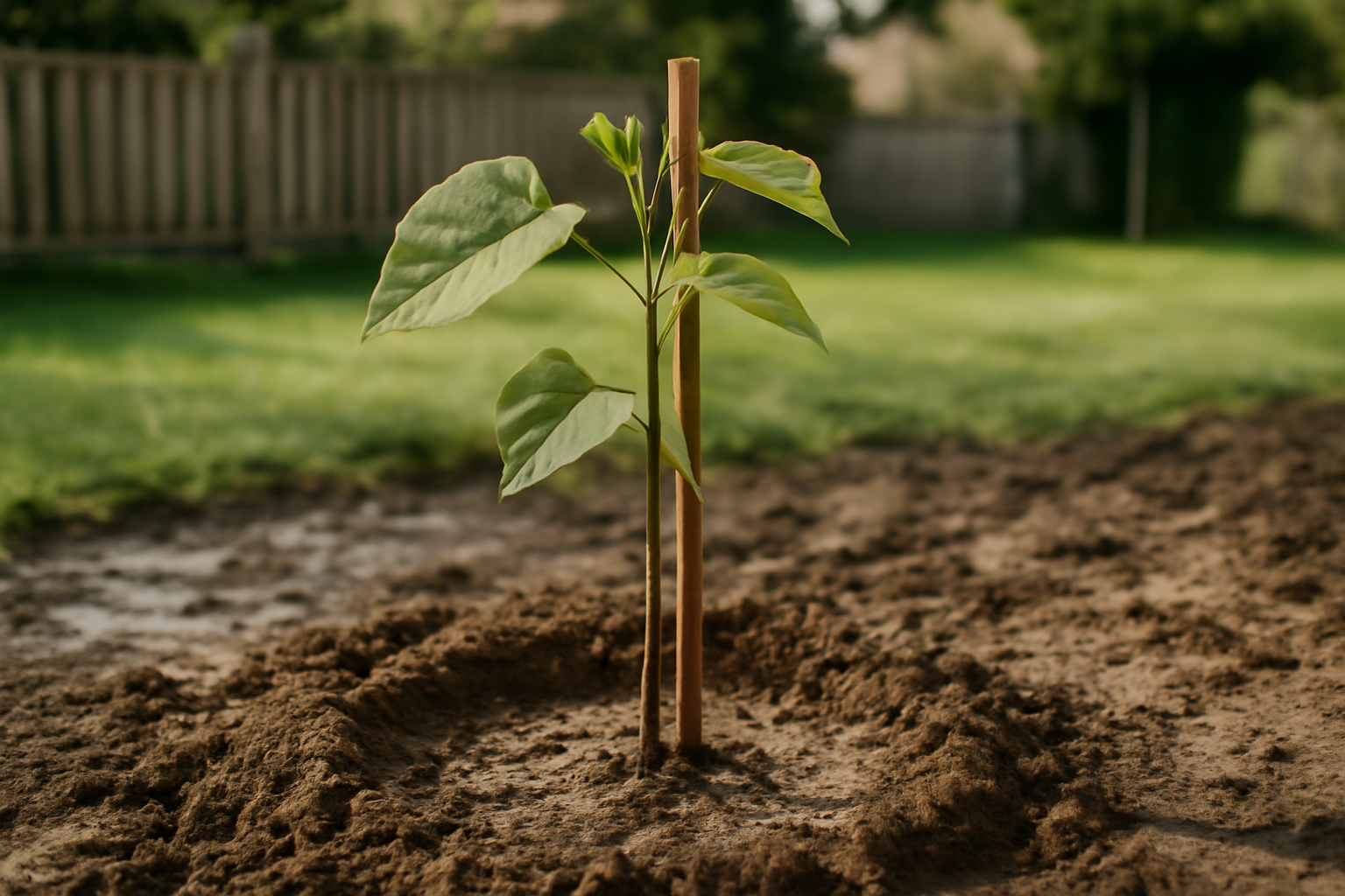 arbre paulownia planté dans un jardin français au plein soleil, sol drainé après pluie, jeune plant tuteuré