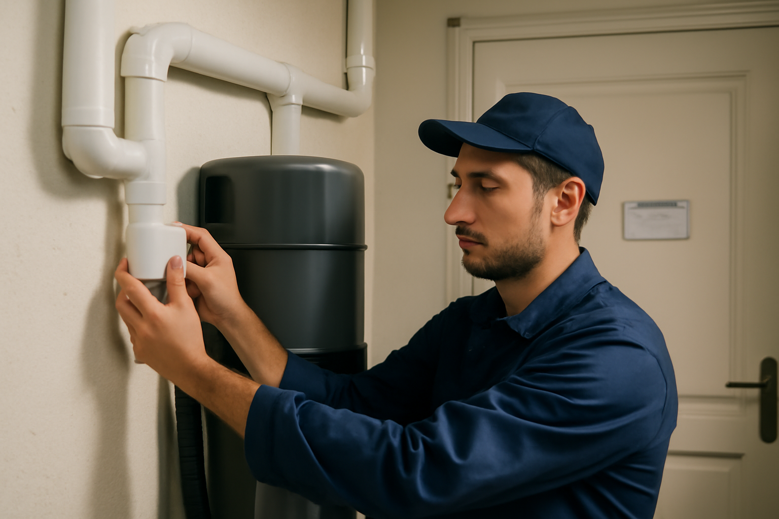 Aspirateur centralisé installé dans un local technique, tuyauterie et bouches d’aspiration dans une maison française